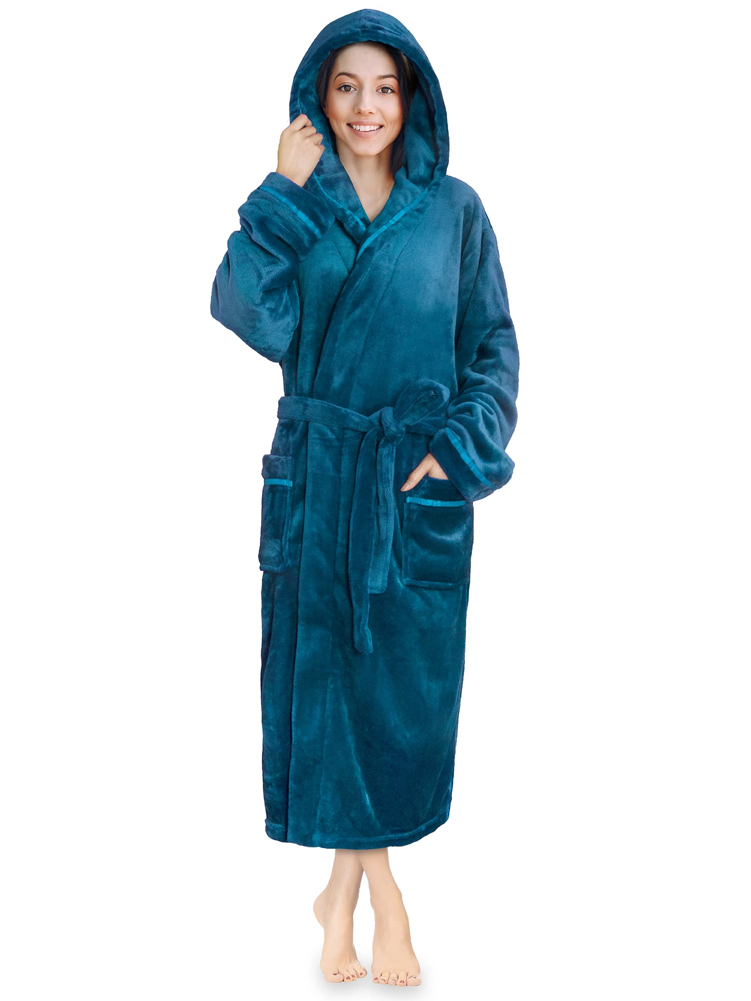 Women Fleece Robe with Satin Trim - Large-X-Large With Hood - Sea Blue