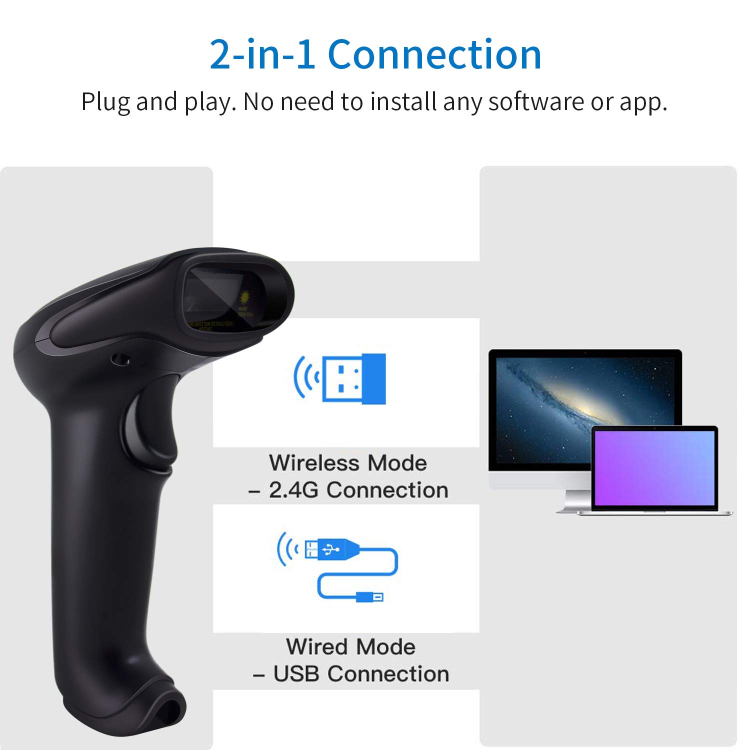 Alacrity Scanner di codici a barre wireless 1D 2D con supporto portatile e vivavoce QR cablato e wireless 2 in 1 lettore di codici a barre inventario con batteria ricaricabile da 1800 mA* H Distanza