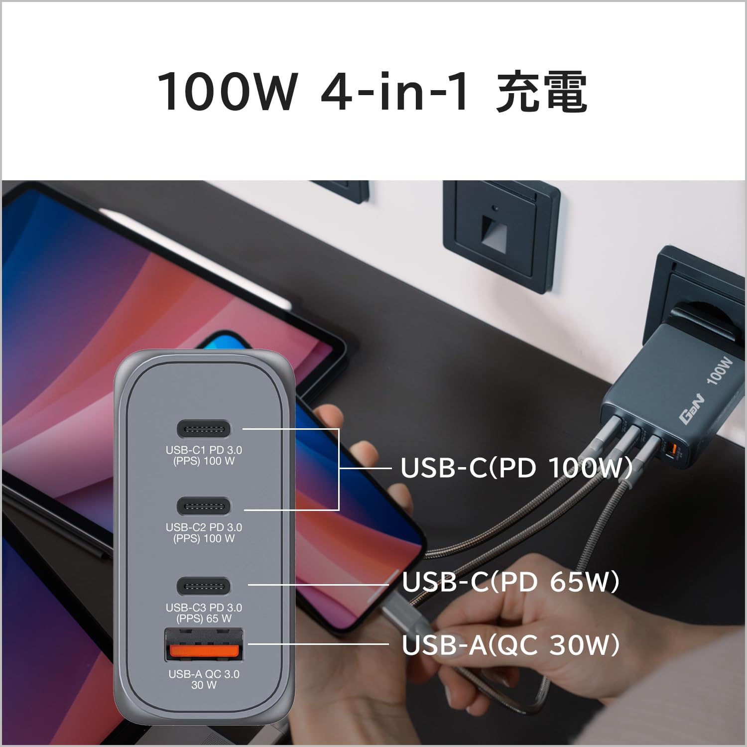 GNC-100 GAN Charger 100 W with 2 x USB-C® PD 100W / 1 x USB-C® PD 65W / 1 x USB-A QC 3.0 (EU/UK/US)