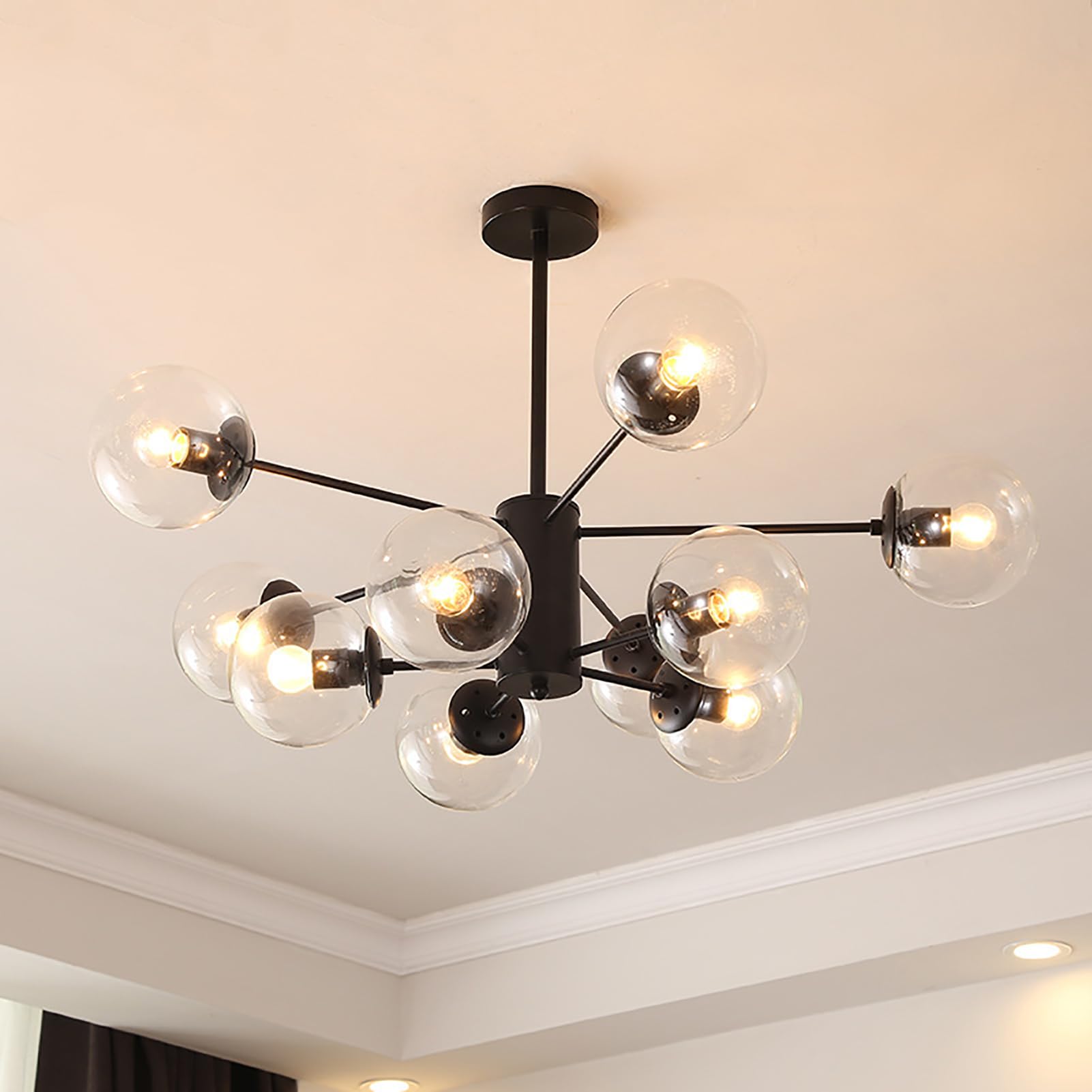 ksxnkhk Mid Century Modern Chandelier, Glass Linear Pendant Light Dimmable Light Fixture, Decorative Globe Ceiling Light for Dining Room, Bedroom, Kitchen, Easy Installation(10 Heads, Black + Clear)