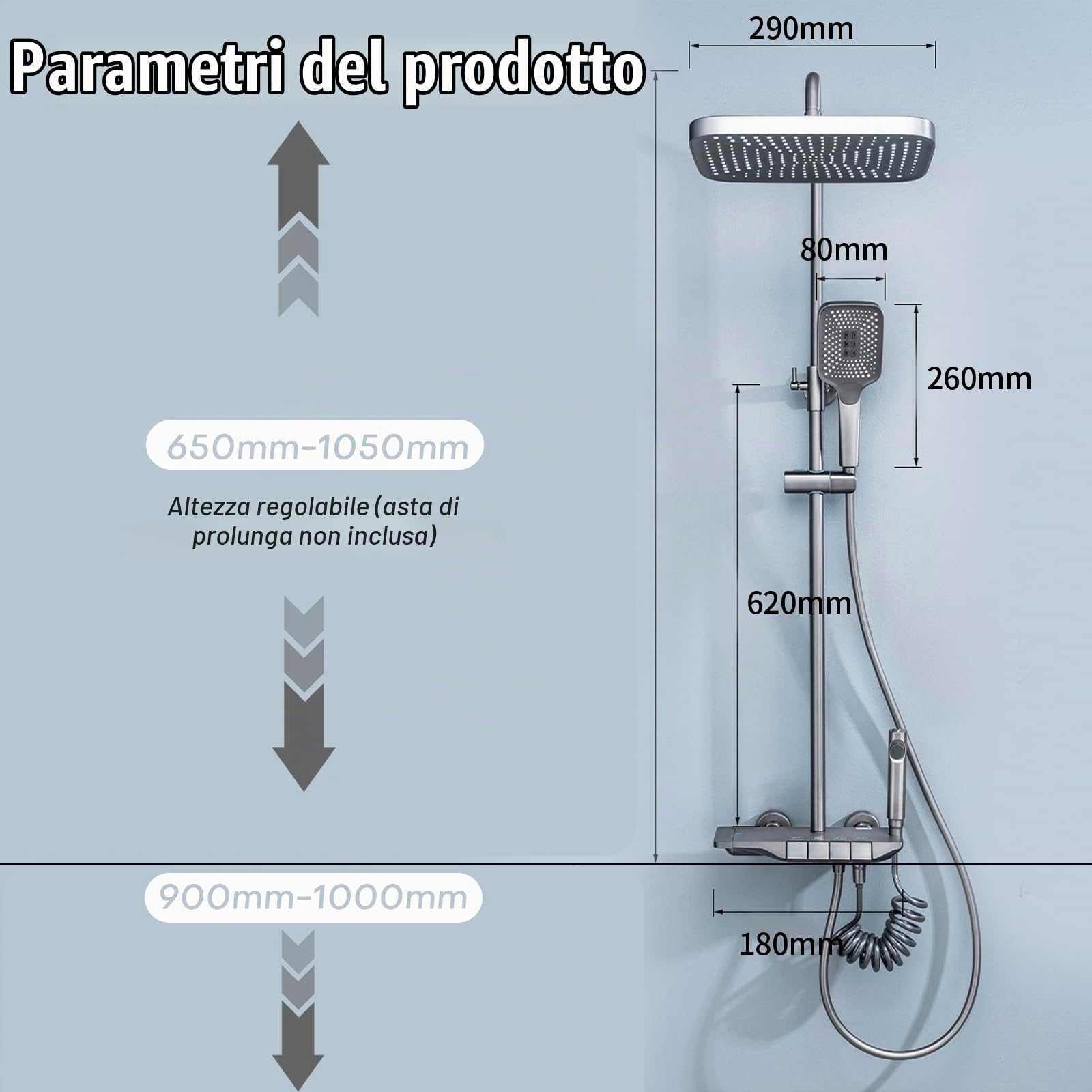 Colonna Doccia con Miscelatore Doccia Soffione Completo Asta Doccia con Soffione e Doccetta 135 cm Regolabile Soffione Doccia Quadrato (Grigio)