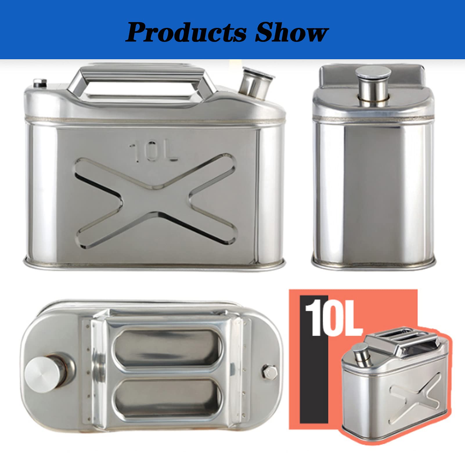 CGF- Recipientes para Gasolina 5L, 10L, 15L, 20L Acero Inoxidable + Pico de Metal Universal - para Gasolina, diésel y aceites - con certificación de la Onu - Plata