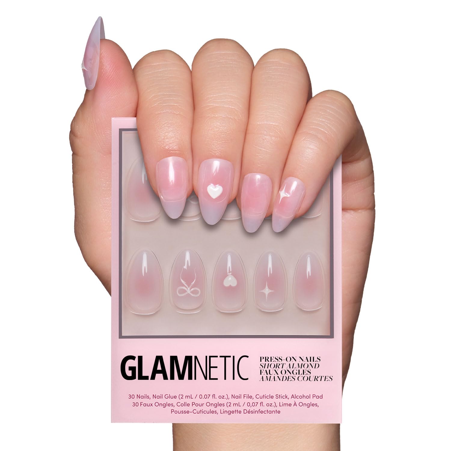 Glamnetic Press On Nails - All Time Love | Glossy, Semi-Transparent, Short Almond French Tip Nails with Leaf Accents, Salon Quality | 15 Sizes - 30 Nail Kit with Glue — view 23