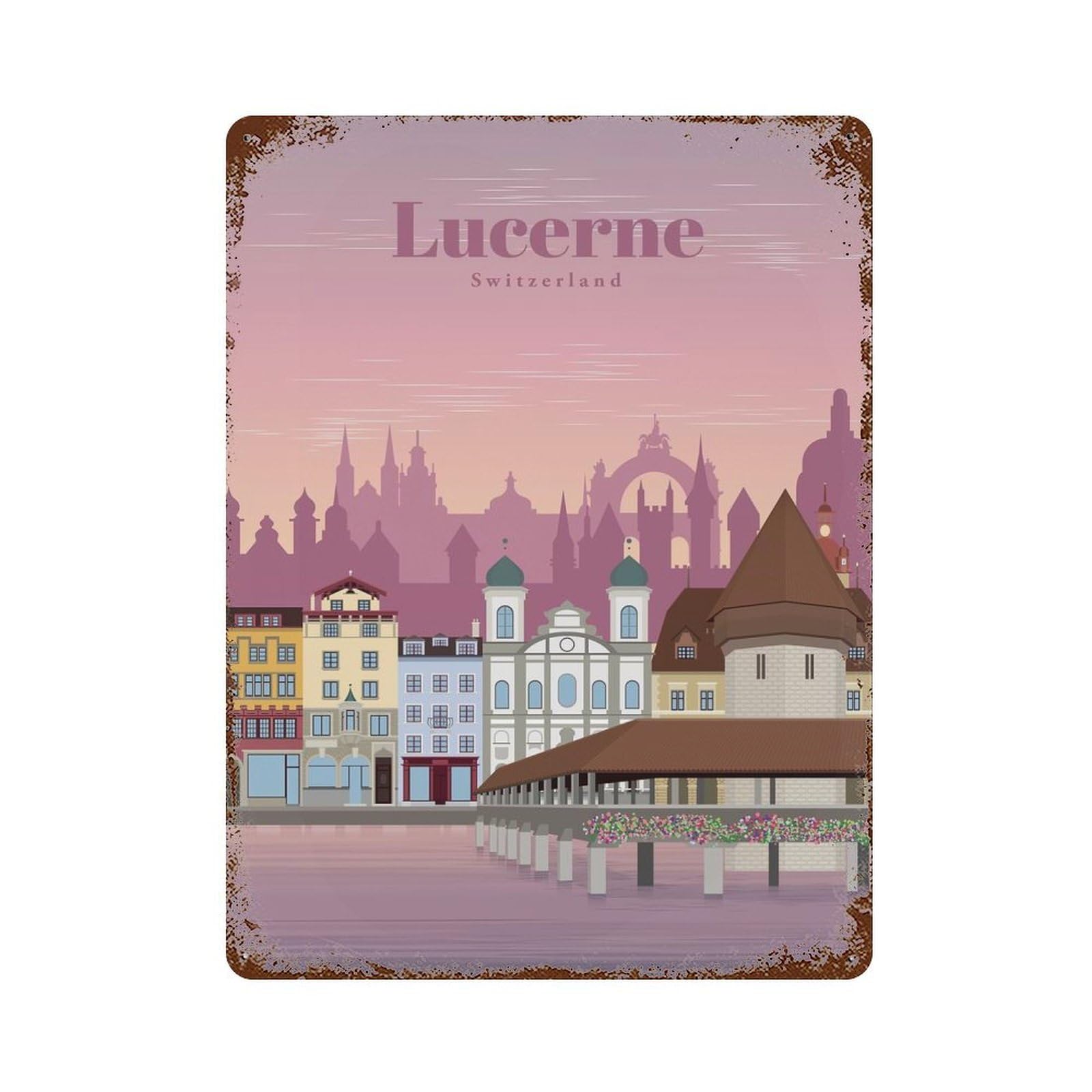 Travel to Lucerne 15.7"x11.8" Rust Effect Tin Sign, Rustic Home Decor for Office, Studio And Wall Decor