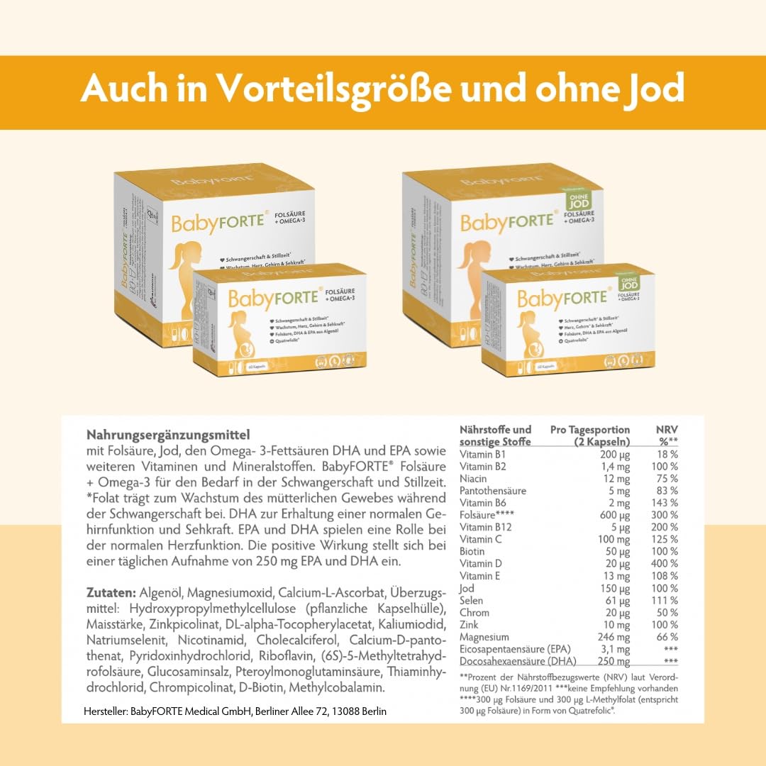 BabyFORTE Folsäure + Omega-3 | Algenöl | Alle Trimester | 18 Schwangerschaftsvitamine vegan | 60 Kapseln | Quatrefolic, Magnesium, Jod, DHA EPA Schwangerschaft | Stillzeit