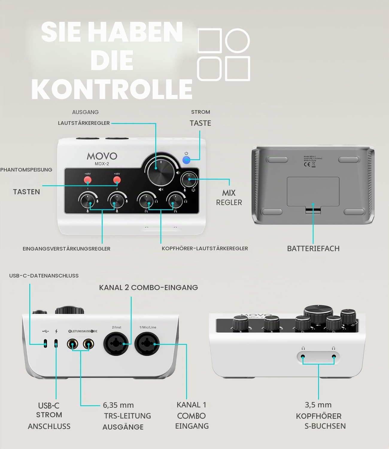 Movo Tragbares Podcast-Ausrüstungspaket für iPhone/Android-Telefone, Podcast-Kit mit Audio-Schnittstelle, 2 CastMic dynamische Mikrofone, 2 Kopfhörer, 2 Galgenarme – für Smartphones, Computer, PC und