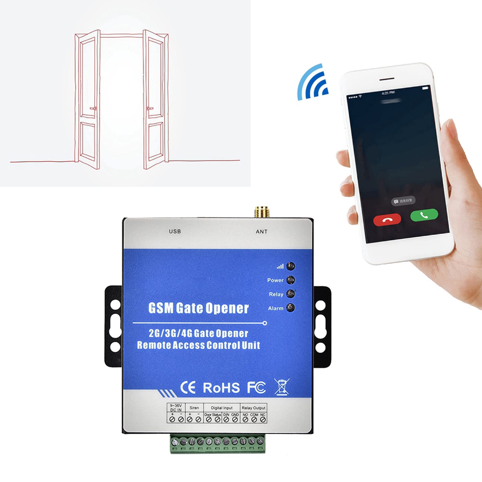 Apricancello GSM 100~240V, Telecomando Wireless RTU5025, DC 12V/1A, Controller di Accesso per Porta Garage 9 24V DC, Interruttore On/Off Remoto Chiamata Gratuita SMS per Porte(Unione Europea)