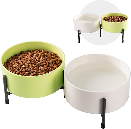 AOMRYOM Tazón de cerámica de 32 onzas para perros y gatos con soporte de metal elevado, plato de cerámica de 6 pulgadas para alimentos y agua,