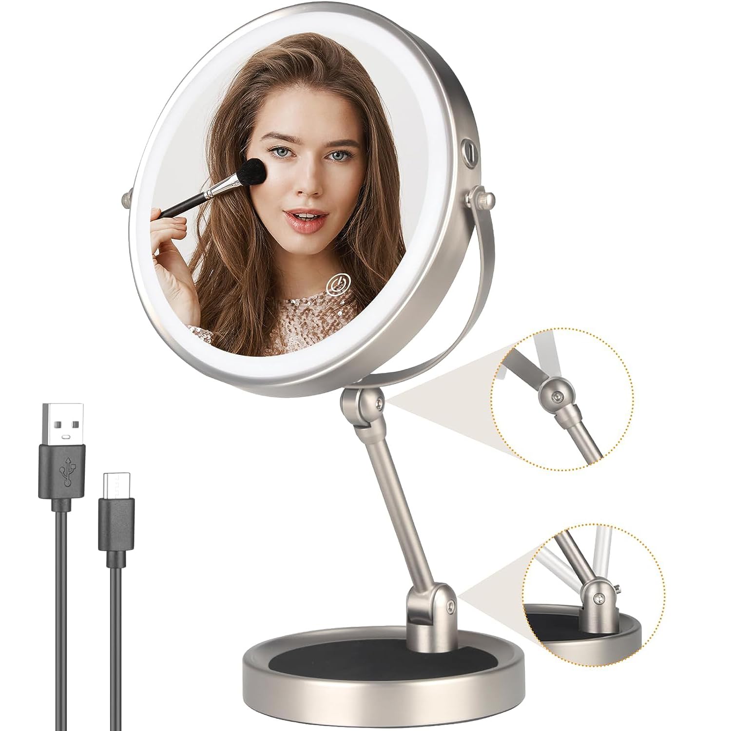 Angju Height Adjustable Desktop Makeup Mirror with Light, 1x/10x Double Side 360°Swivel Magnifying Vanity Mirror with Foldable Storable Base, 3 Colors Light 8 Inch Cordless Dimmable Cosmetic Mirror