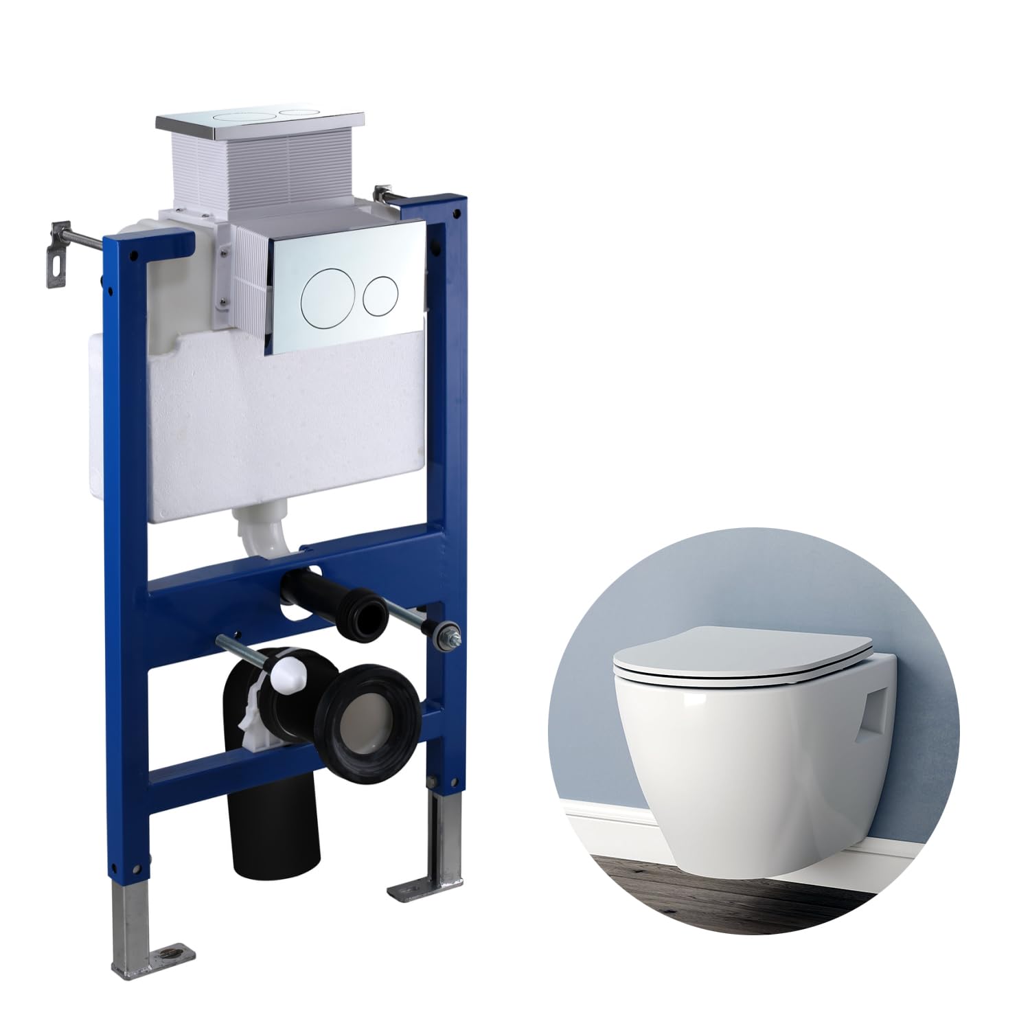 Simple Bathrooms Complete Set-I085-Aw-Uf+X201 Bathroom Round Wall Hung Toilet Short Projection Wc Pan Uf Soft Close Seat With 0.82M Concealed Cistern Frame-08201