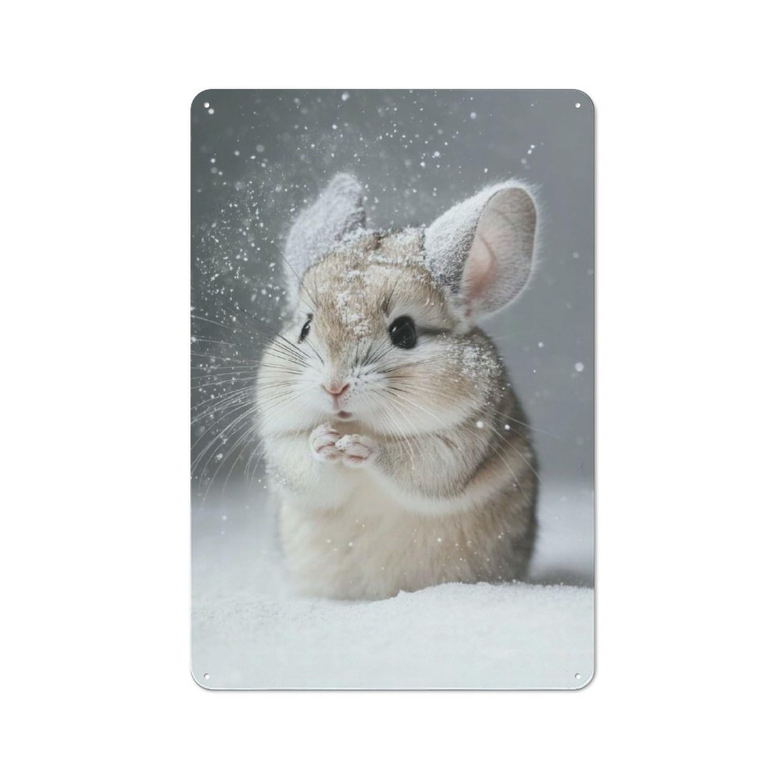 Tin Wall Plaque 30x20cm with Cute Chinchilla in Snow for Living Room Or Hallway, A Decorative Christmas Gift for Home Wall Decor Collectors