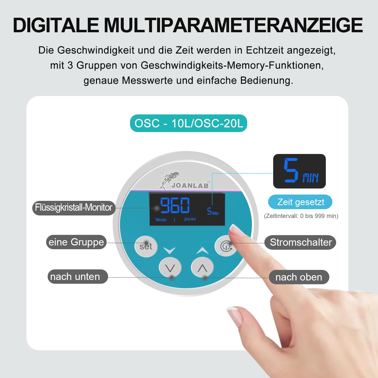 JOANLAB Elektrischer Labor-Overheadrührer Digitaler Mixer mit Edelstahlständer & Rührstab, Drehzahl 100-2000U/min einstellbar, 20L Kapazität, 30000mPas, leistungsstark für hochviskose Flüssigkeiten