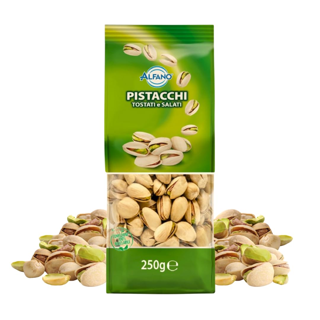 Alfano dal 1940 Pistacchi Salati Tostati 250g Frutta Secca Ricca di Fibre e Magnesio, Fonte di Potassio Ideale come Snack Aperitivo (16 Pezzi)