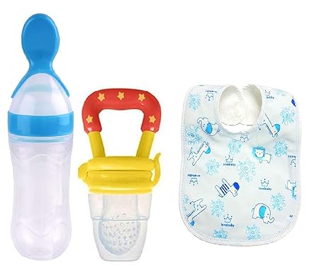 Manan Shopee Baby Silicone Food Feeder 90 ml(Color May Vary) with Silicone Baby Food Fruit Teething Feeder Pacifier Nibbler for Vegetables/Fruits with Bib -Yellow