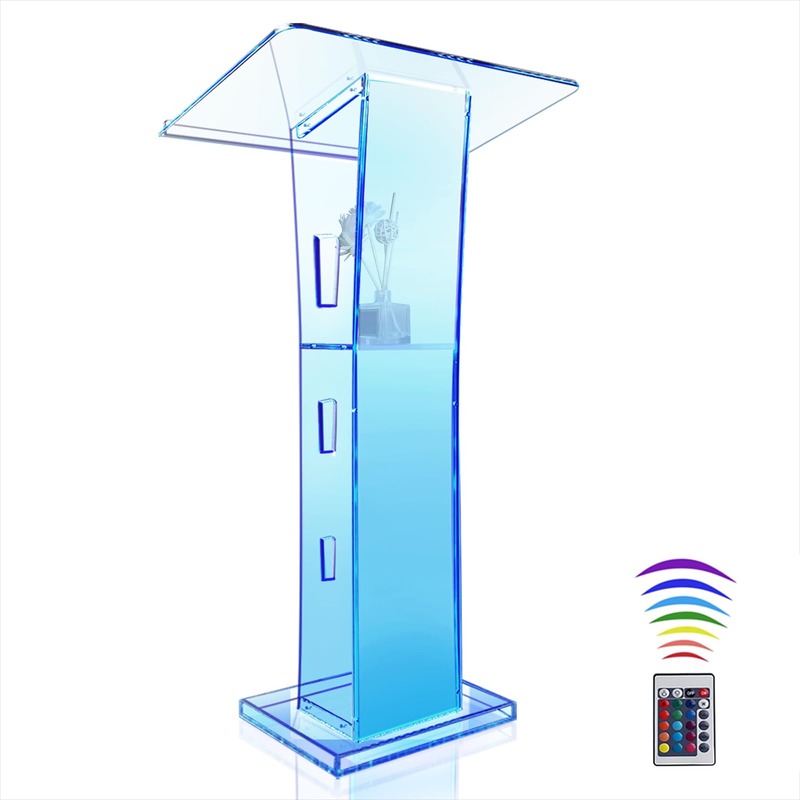Podium en Acrylique Transparent avec étagère de Rangement, Chaire D'église avec 15 Couleurs,Support de Podium de pour église,Mariage,115cm x60cm x41cm
