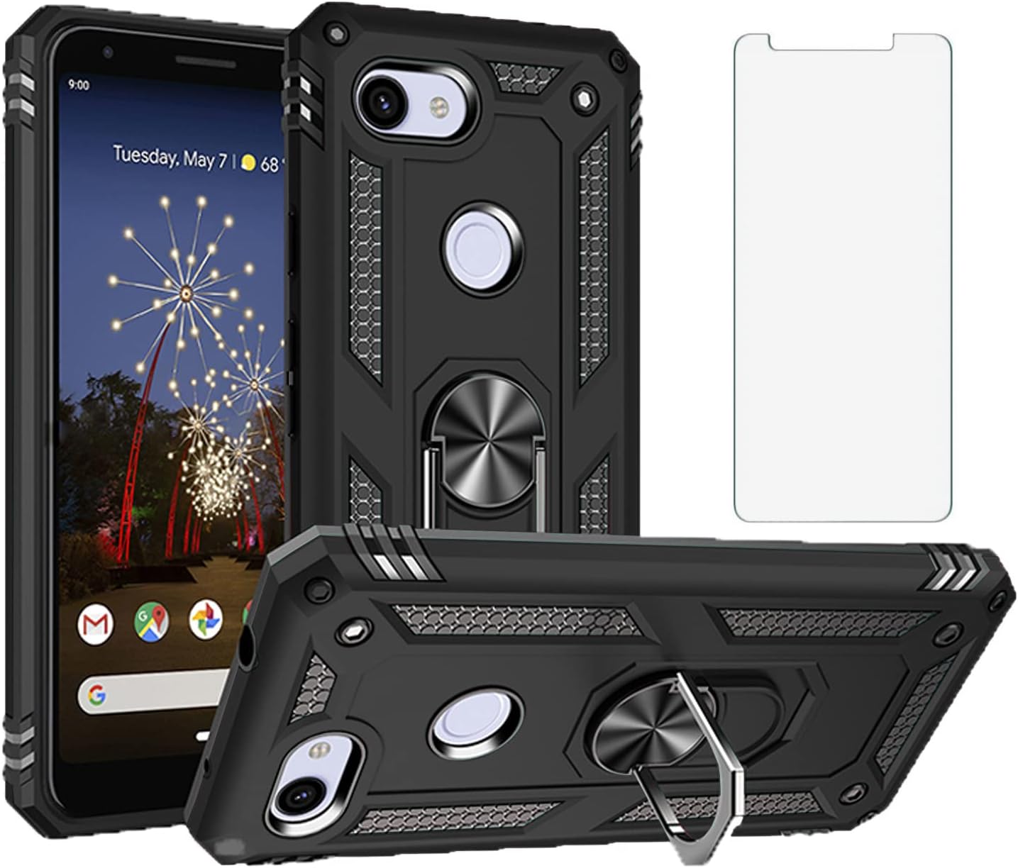Phone Case for Google Pixel 3A with Tempered Glass Screen Protector Cover and Stand Ring Holder Hard Shockproof Heavy Duty Magnetic Kickstand Accessories Pixel3a Pixle a3 Women Men Black