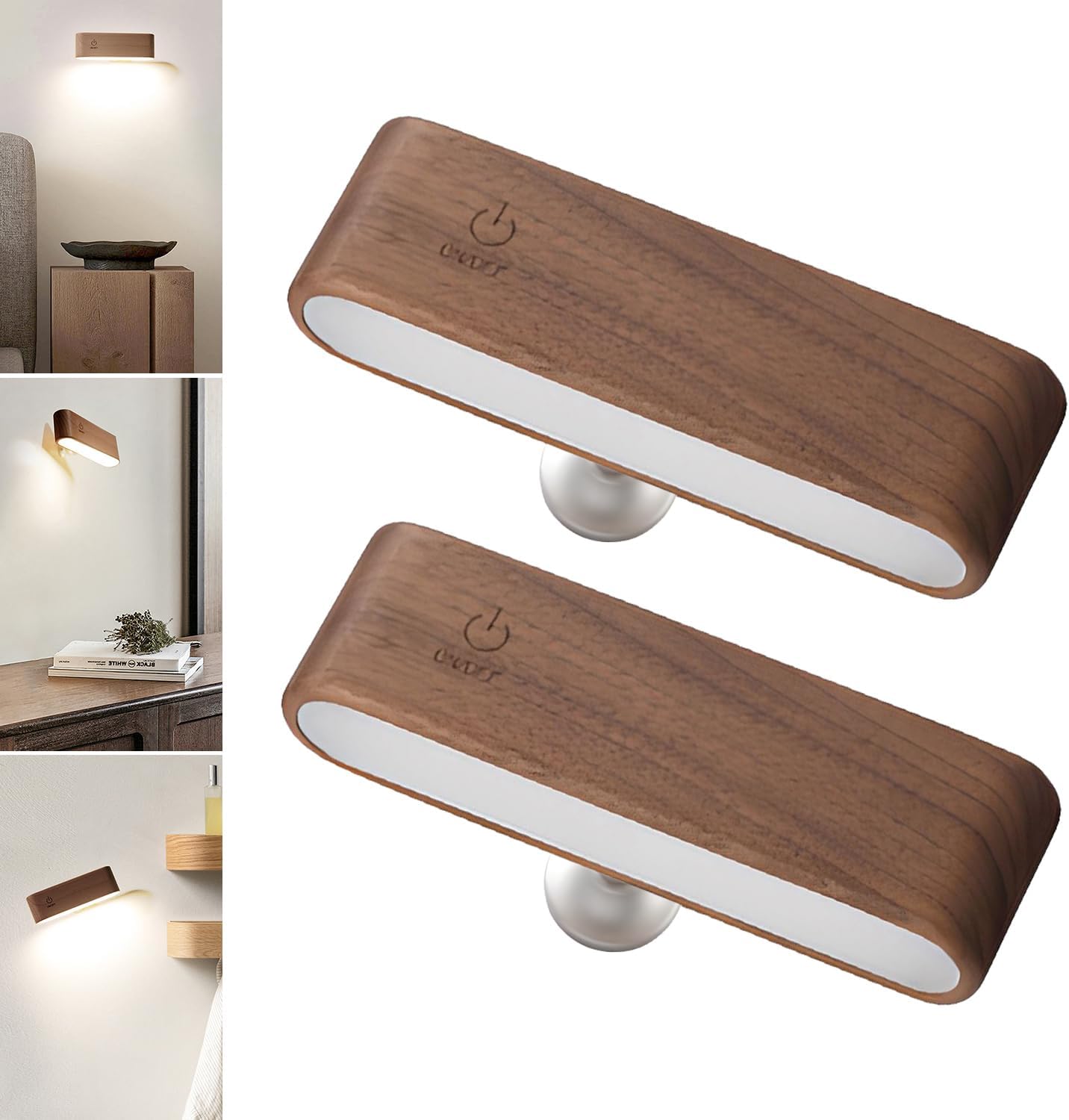 Battery Operated Wall Sconce,Wood Wall Lights for Bedroom,Magnetic Stick on Wall Light for Bedroom,Suitable for bedrooms, Living Rooms, and Bedside Areas (Walnut, 2 Pack)