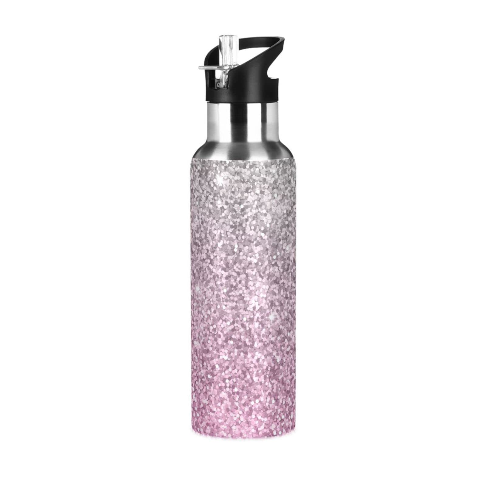 20 Oz Water Bottle with Straw Silver Pink Glitter Sparkles Stainless Steel Water Bottle for Traveling Sports Leakproof Insulated Water Bottle — image 1