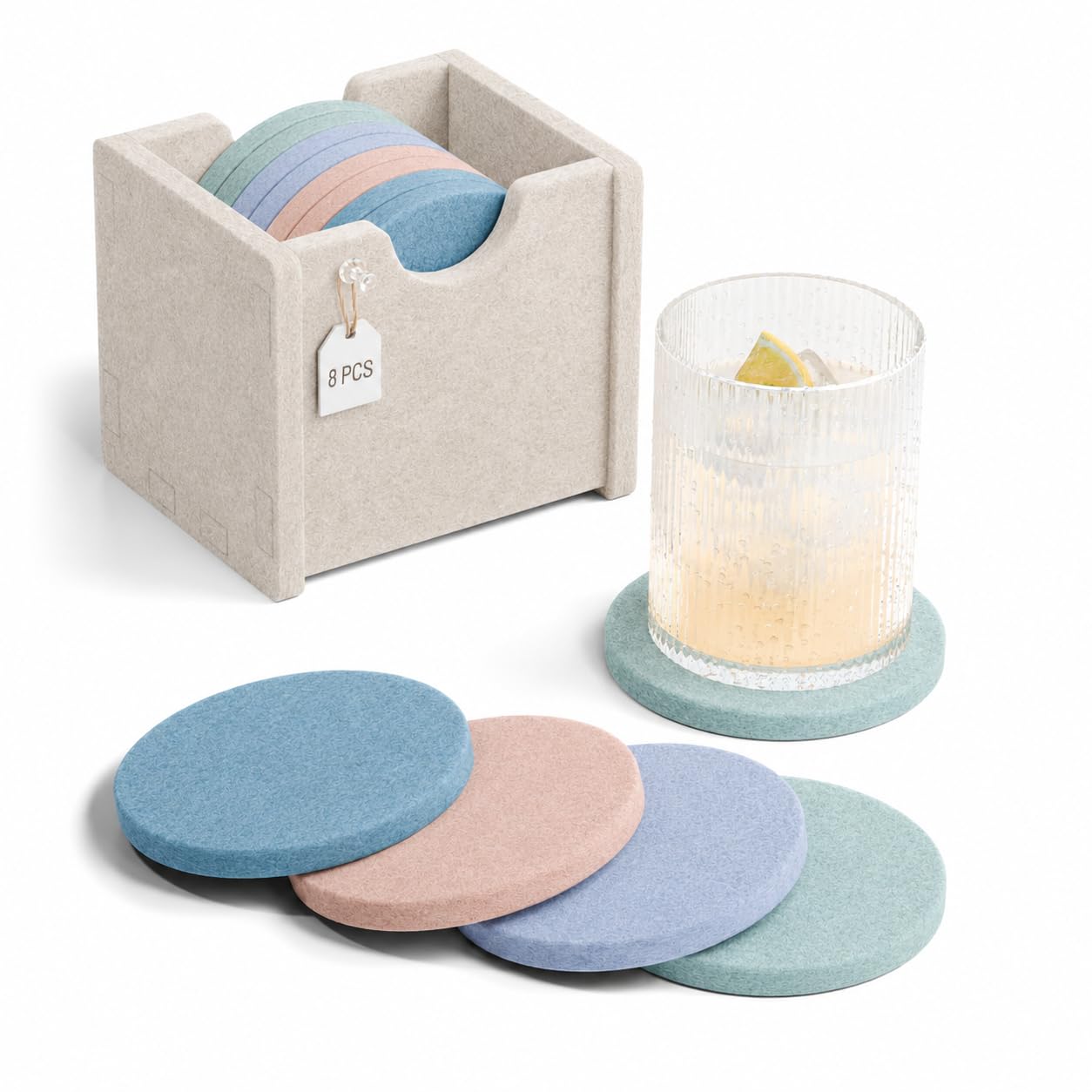 Fluxynara Felt Drink Coasters with Holder, Round, Set of 8, Coastal Haze â image 1