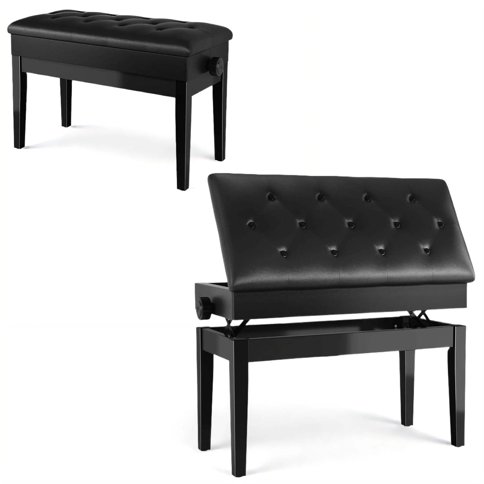 Clevich Sgabello per pianoforte, regolabile in altezza, 48 – 58 cm, con vano portaoggetti, panca per pianoforte con cuscino in pelle PU, sedia per pianoforte, resistente, portata fino a 200 kg, nero