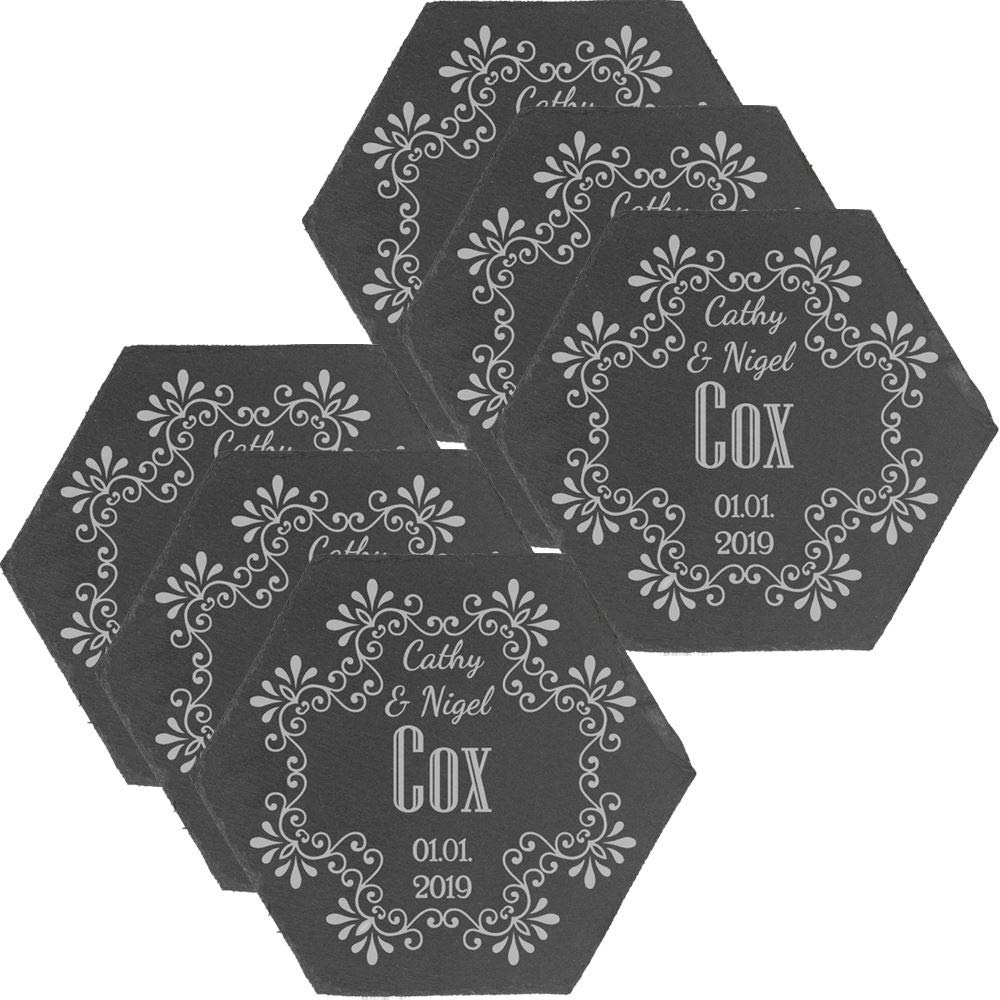 Personalised Engraved Hexagon Slate Wedding Coaster with Names Set of 6
