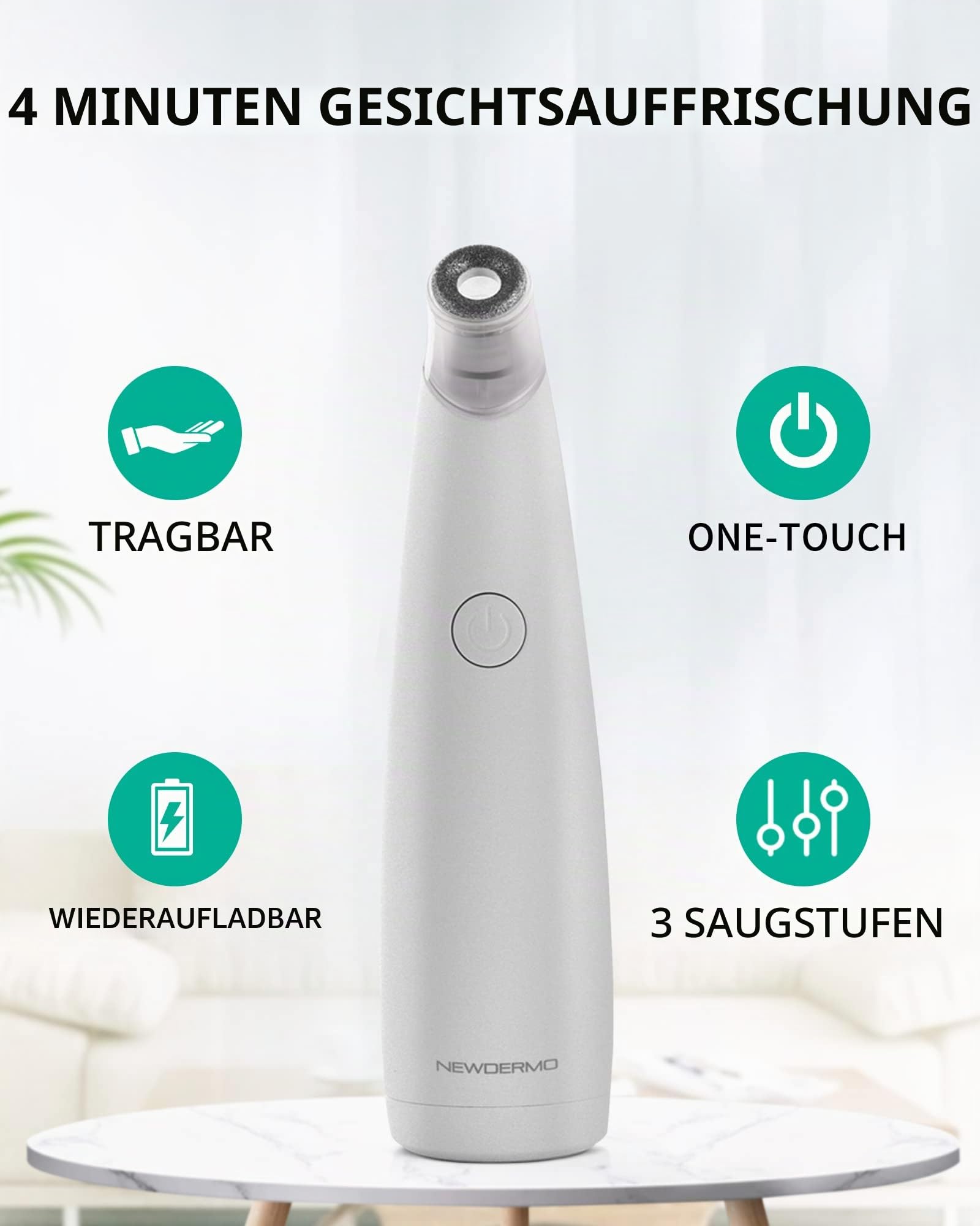 NEWDERMO 2-IN-1 Microdermabrasion Rechargeable Machine For Facial And Body,Electric Blackhead Remover Pore Vacuum Cleaner-With 5 Suction Heads Replaceable (White) | Diamant Mikrodermabrasion Gerät USB Wiederaufladbar - Advanced Home Gesichtsbehandlungsmas