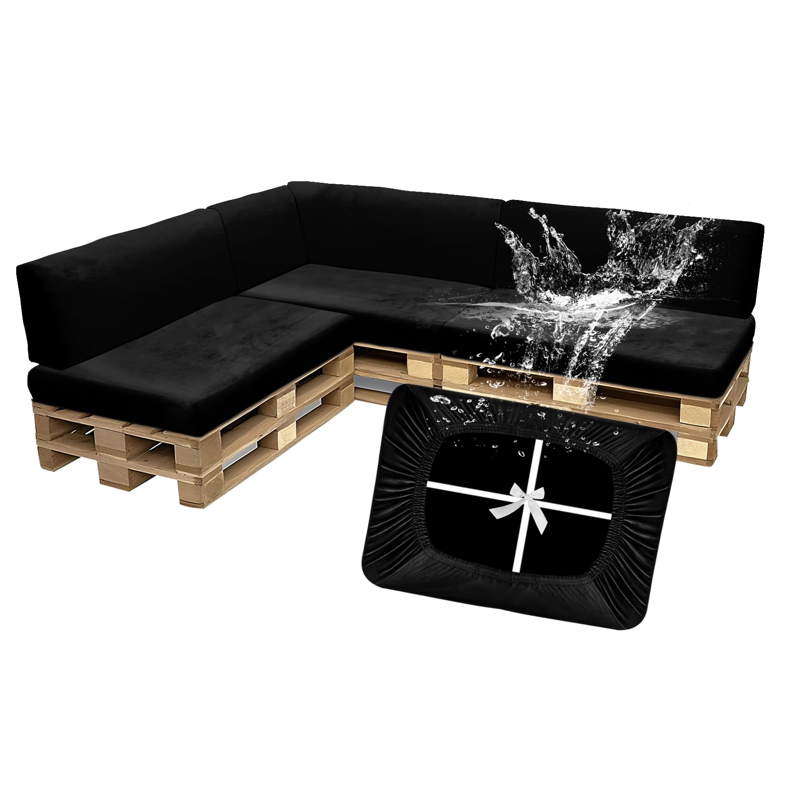 SYLC Waterproof Pallet Cushions Covers, Stretch Velvet Cover for Pallet Furniture Cushions, Outdoor Corner Sofa Covers for Rattan Wooden Patio Garden (Black,7 PCS(3 Seats+4 Backs))
