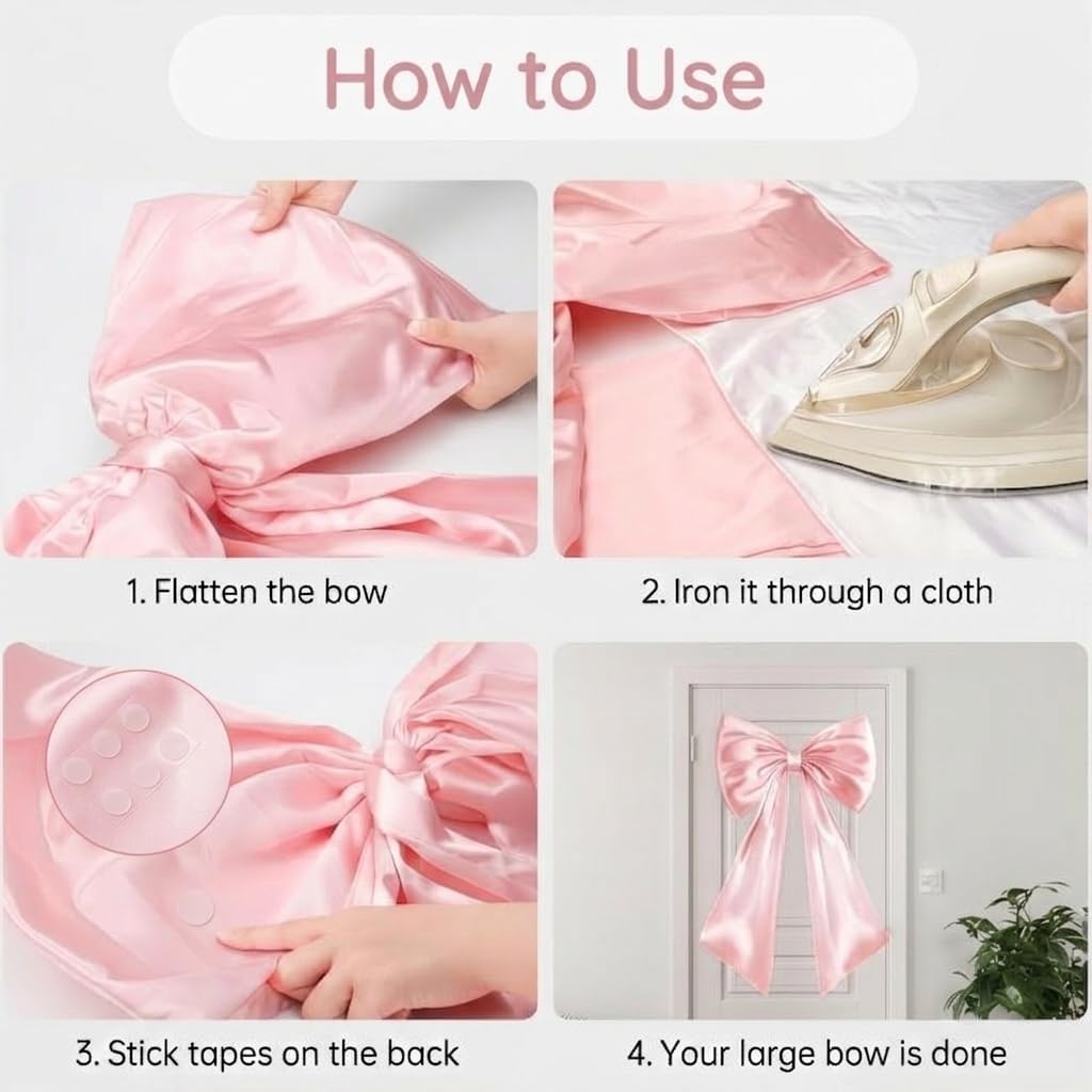 24"W x 40"H Satin Ribbon Giant Bow Decor, Pastel Pink 3D Reusable Premium Satin Bow with Internal Stability Layer, Easy Hang for Coquette Party Wedding Bridal Shower Bedroom Ballerina Girl Wall Decor