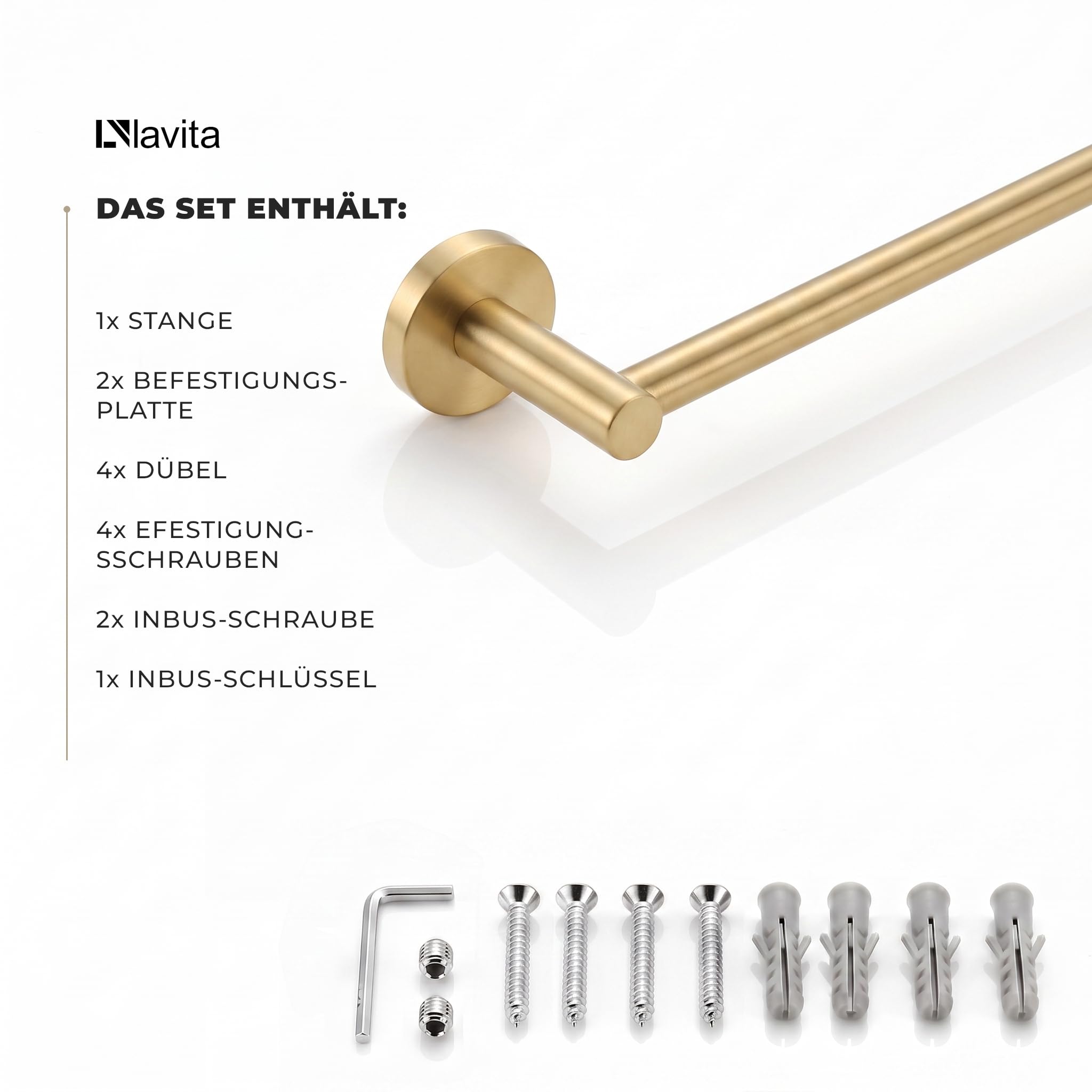 LAVITA Senso Toallero de pared dorado cepillado – Elegante toallero para baño y aseo de invitados