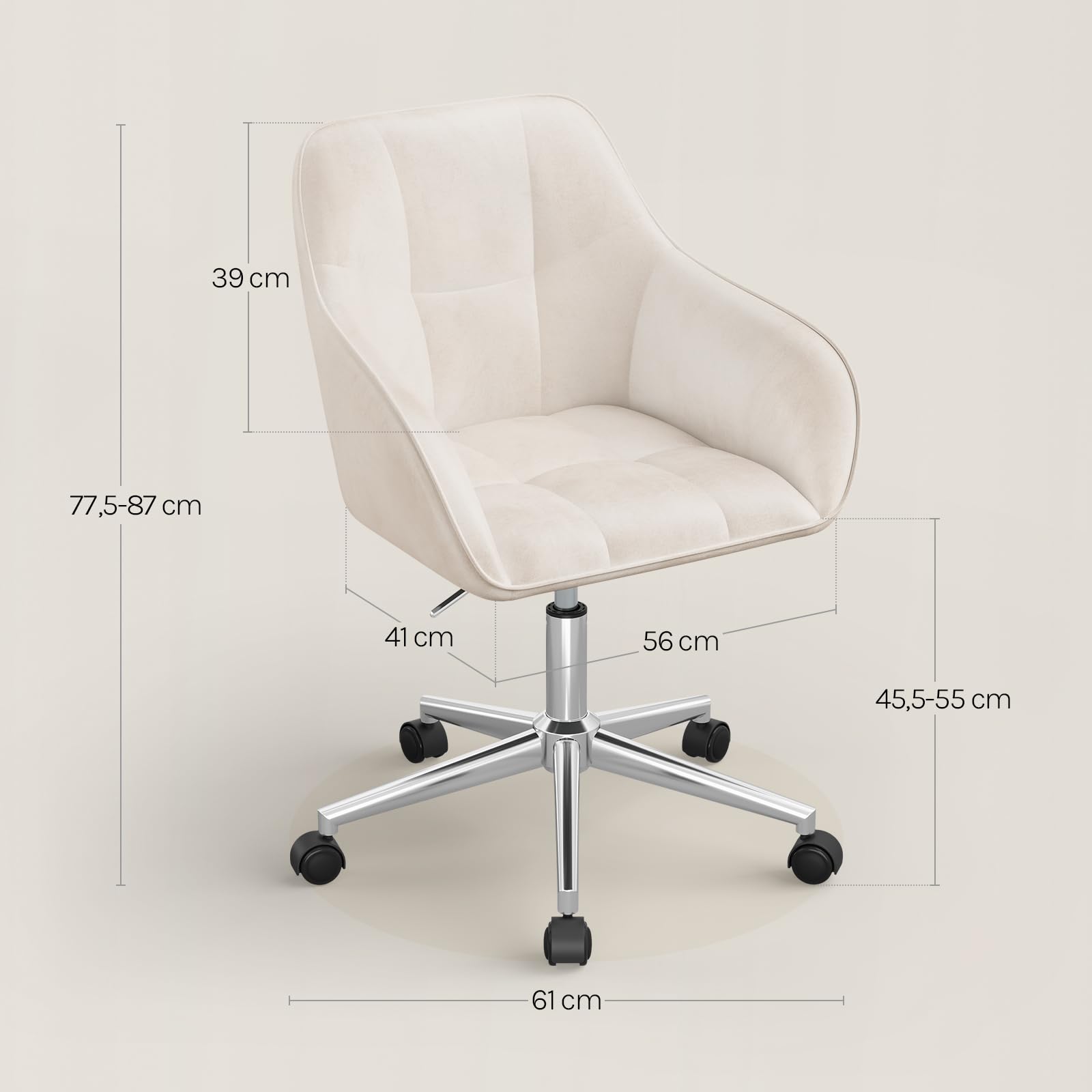 WOLTU Homeoffice Stuhl, Schreibtischstuhl, Drehstuhl, Schminkstuhl, höhenverstellbar, bis 150 kg belastbar, mit Armlehnen Samtsitz, für Schlafzimmer Büro Wohnzimmer, Beige