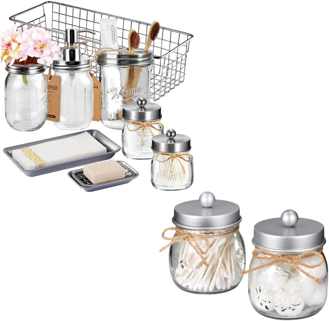 SheeChung 2 Pack Qtip Holder, Apothecary Jars & 8Pcs Mason Jar Bathroom Accessories Set, Hand Soap Dispenser, Toothbrush Holder, Soap Holder, Bathroom Organizers