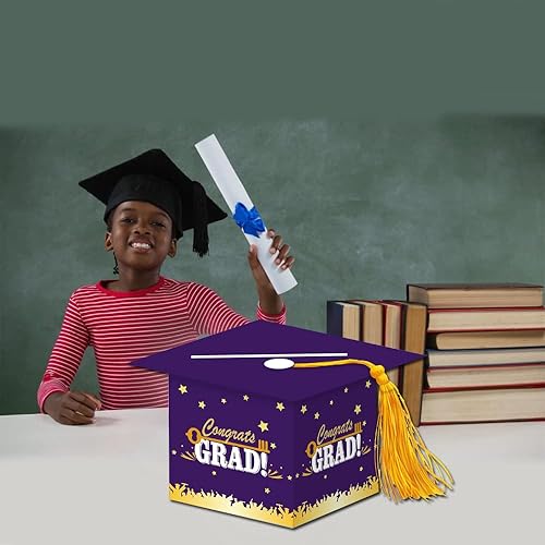 Miniatura 7 de Topfunyy Caja de tarjetas de fiesta de graduación 2023, caja de tarjetas de felicitación de oro morado con borla para decoración de fiesta de