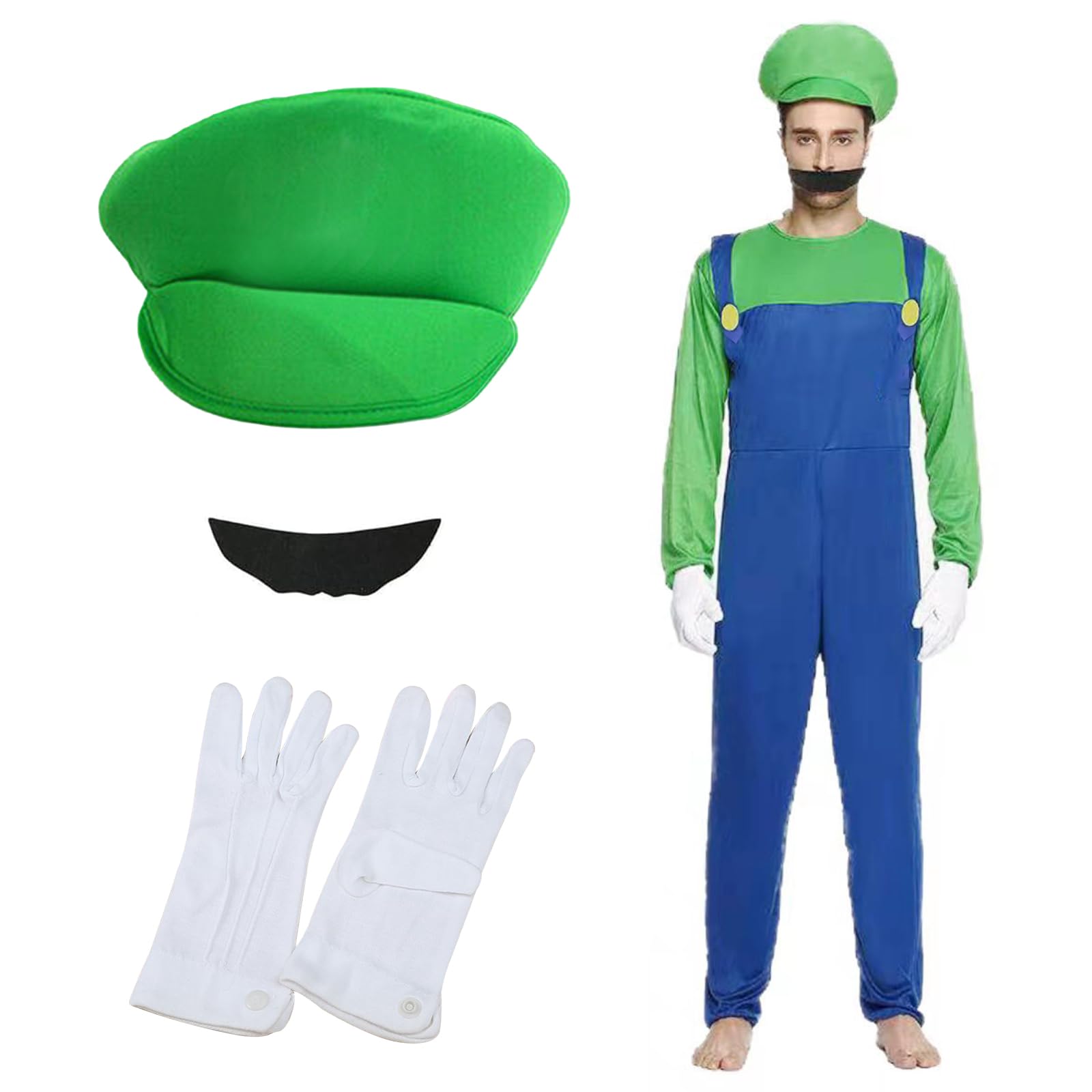 shengo Brother Costume, Halloween Fancy Dress Costume with Bodysuit, Super Brothers Bodysuit, Red Green Cap, Beard and Gloves, Men Carnival Halloween Cosplay Costume for Adult