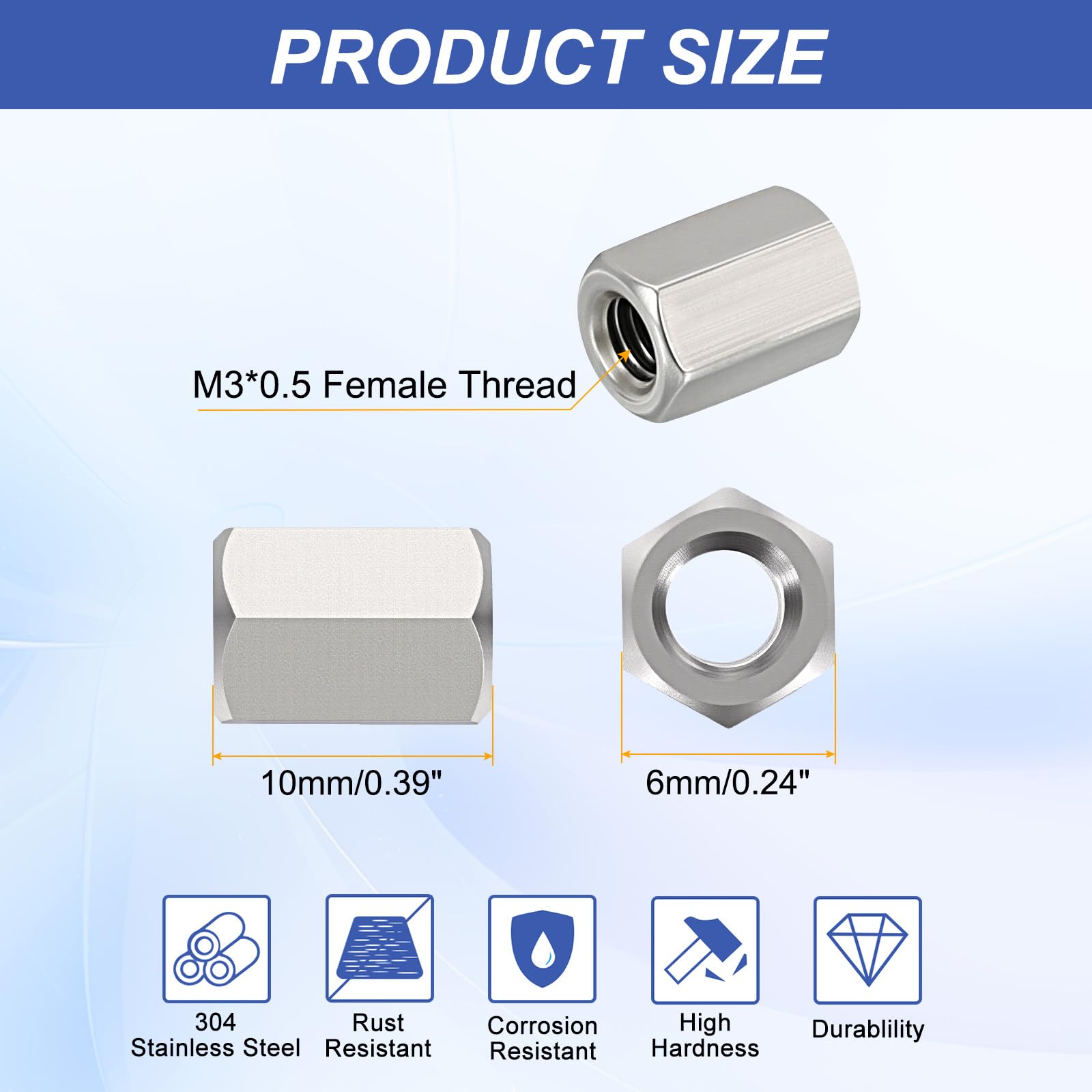 HiPicco Hex Coupling Nuts, M3 x 0.5-Pitch UNC 10mm/0.39" Length, 10 Pack 304 Stainless Steel Rod Coupling Nut for Threaded Rods & Studs - Image 2