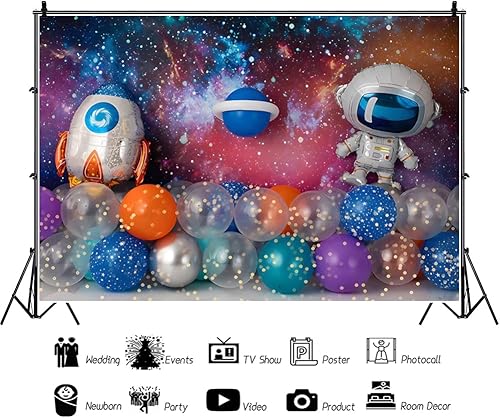 Miniatura 2 de Telón de fondo de cumpleaños del espacio exterior de 8 x 6 pies para niños, galaxia, astronauta, decoración de fiesta espacial, telón de fondo para