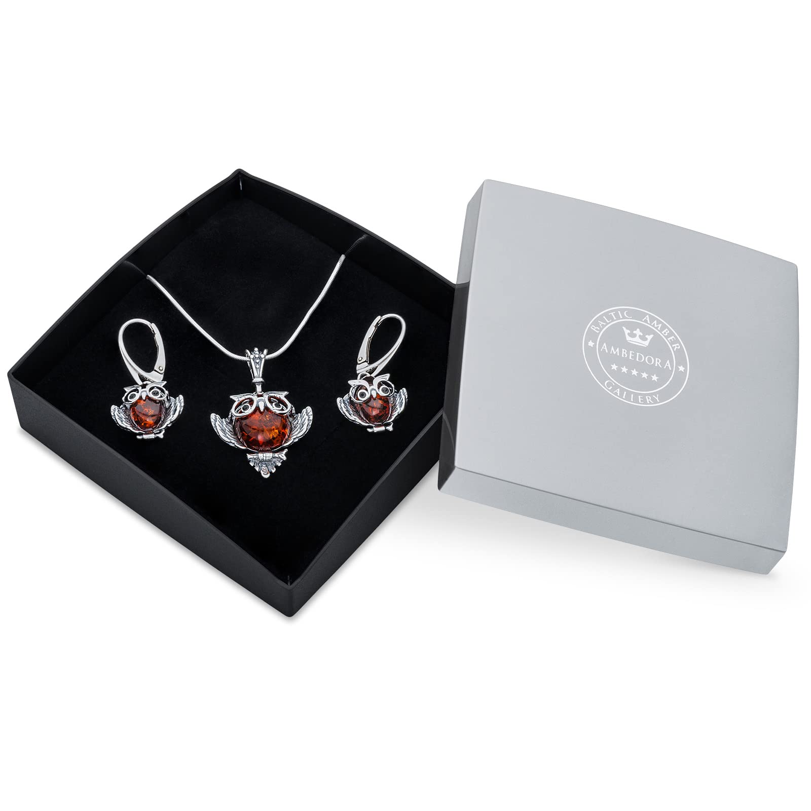 Damen Schmuckset Weise Eule, Oxidiertes Sterling Silber, Baltischer Bernstein in Cognac Farbe, Silber Anhänger mit Kette und Ohrringe
