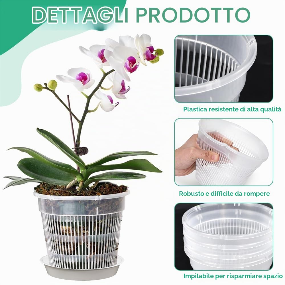 10 Pz Vasi Trasparenti per Orchidee con 10 Vassoi, 14/16cm Vaso per Orchidee in Plastica Trasparente Vasi per Orchidee Trasparenti con Foro per Drenaggio Vasi in Plastica per Piante e Rinvaso