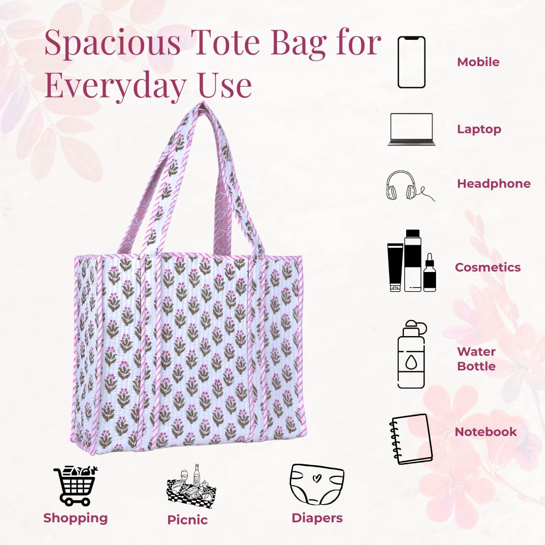 Tragetasche für Damen, Einkaufstasche, groß, gesteppt, Baumwolle, wiederverwendbare Strandtasche, Arbeitstasche für Damen, florale Reisetasche, stilvolle Schultertasche, übergroße gesteppte