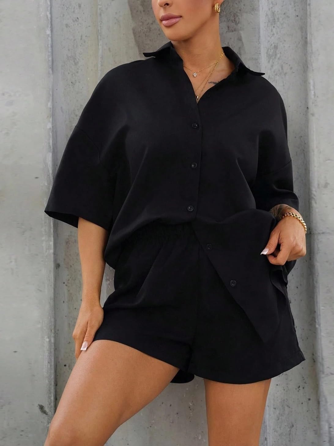 Womens 2 Piece Outfits Set - Casual Button Blouse Tops And Shorts Set For Spring Summer 2026