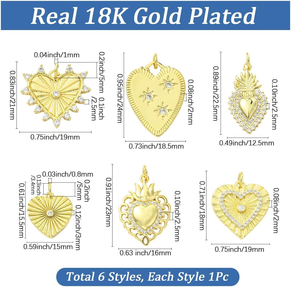 SUNNYCLUE 1 Box 6Pcs 6 Styles Real 18k Gold Plated Brass Golden Heart Charm Sacred Charms Bulk Cubic Zirconia Valentines Cinco de Mayo Love Harts Pendants for Jewelry Making Earrings DIY Craft Finding - Image 2