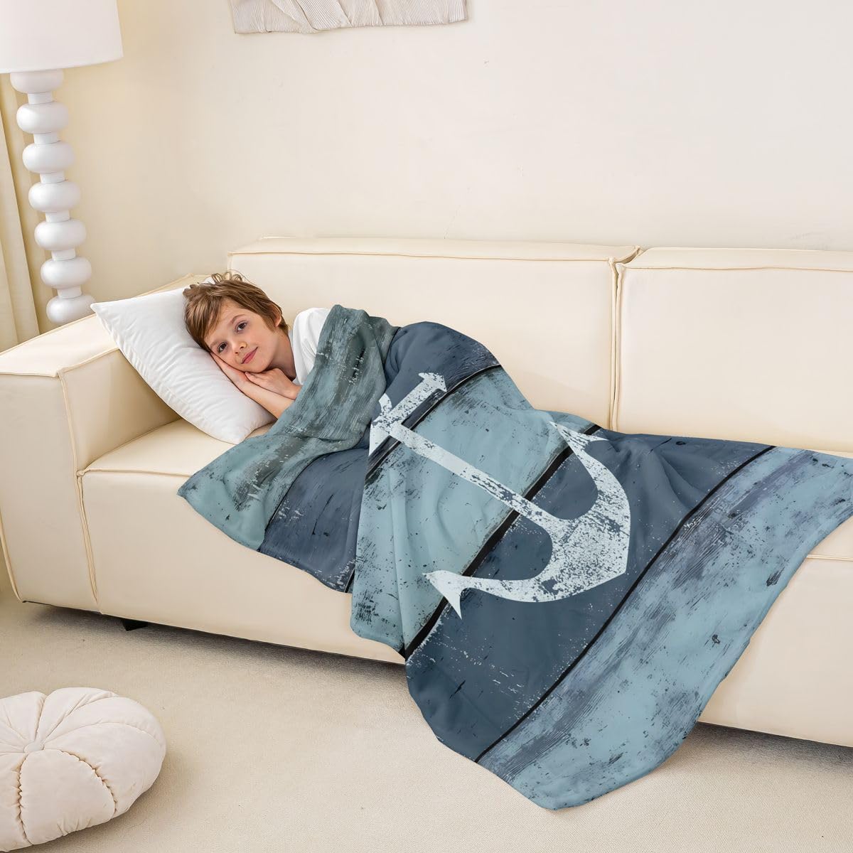 Feelyou Anchor Decor Rustic Wooden Flannel Fleece Throw Blanket Queen 90"x90" Nautical Themed Tie Dye All Season Bed Blanket Ocean Blue Teal Fuzzy Blanket Breathable Nautical Plush Blanket Luxury