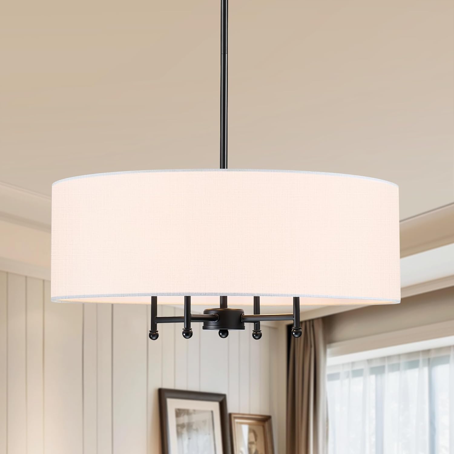 20" Black Drum Chandelier, 4-Light Modern Farmhouse Pendant Light Fixture with White Fabric Shade, Adjustable Hanging Height Chandeliers for Dining Room, Living Room, Bedroom, Entryway, Kitchen