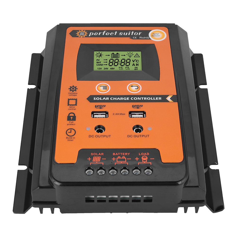 12V/24V 50A Regulador Solar MPPT Versión Corta Controlador de Carga Solar, Regulador para Panel Solar y Batería con Doble USB y Pantalla LCD