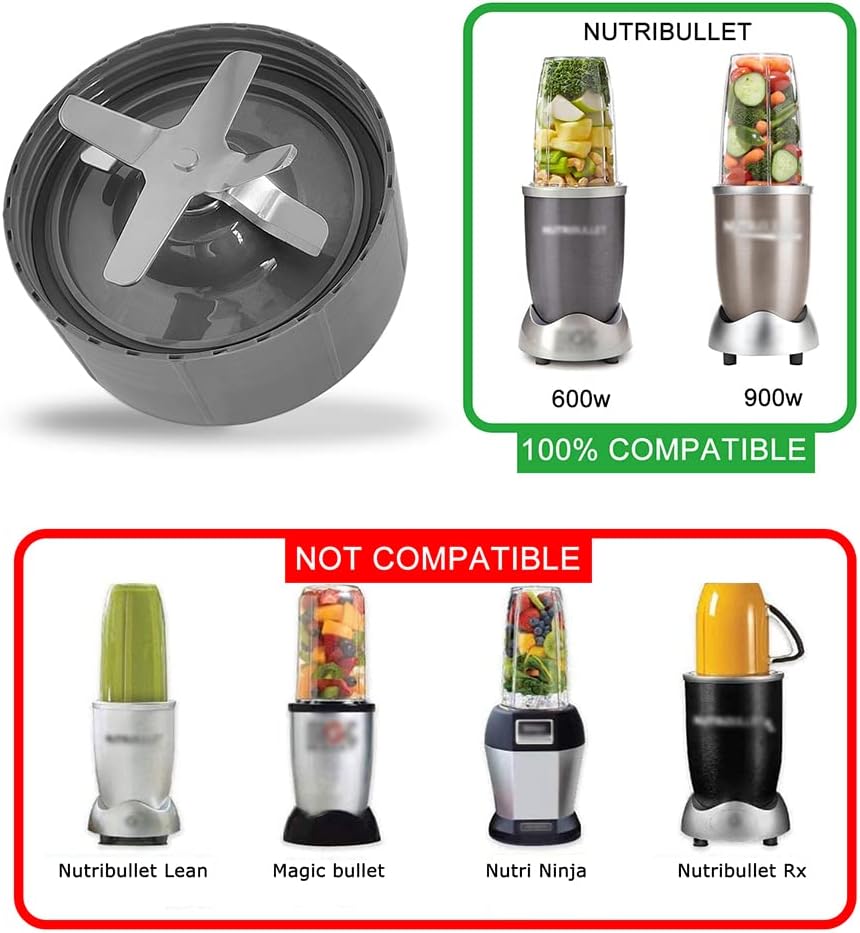 Compatibility chart showing compatible Nutribullet 600W and 900W models and non-compatible models like Nutribullet Lean, Magic Bullet, Nutri Ninja, and Nutribullet RX.