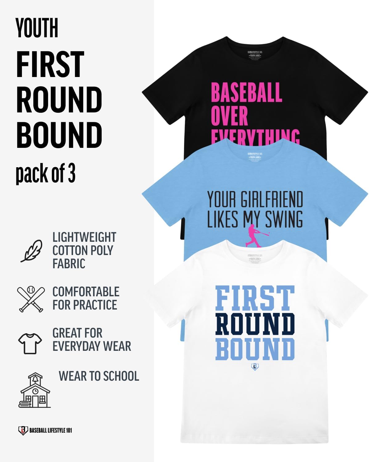 Baseball Lifestyle 101 First Round Bound Youth T-Shirt Bundle for Boys Sizes Youth S-XL