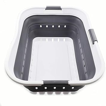 SAMMART 42L 11 gallon Collapsible Plastic Laundry Basket - Foldable Pop Up Storage Container/Organizer - Space Saving Hamper/Basket 1, White/Dark Grey