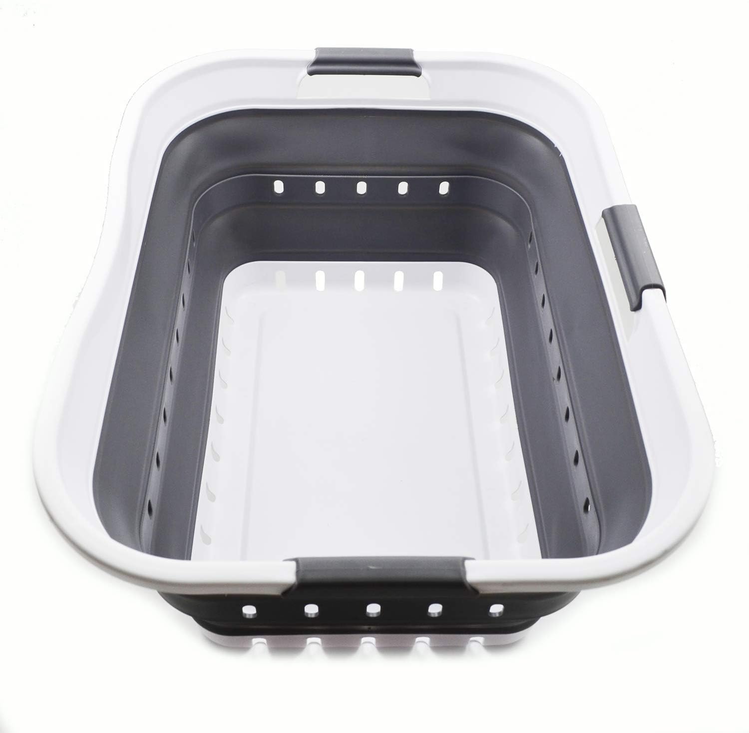 Sammart 42L - Cesto Portabiancheria, In Plastica, Pieghevole, Con 3 Manici, Portatile, Salvaspazio (1, Bianco/Grigio Scuro)-image