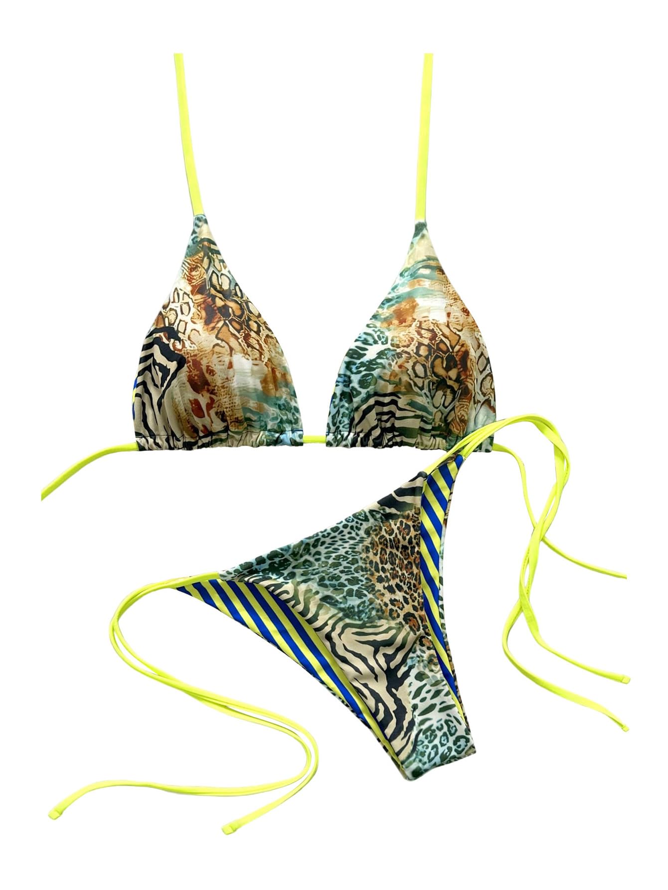 Ensemble bikini vert léopard avec col licou et bas string à nouer