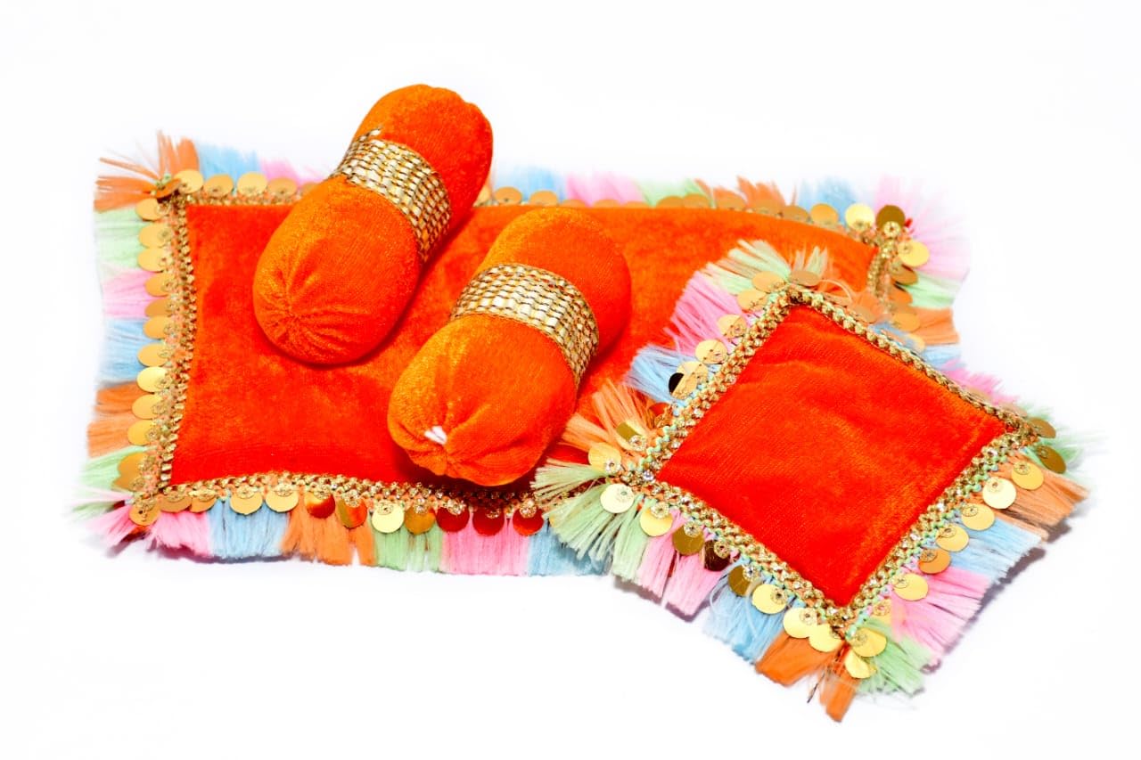 SAMRUDDHI Home Decor Laddu Bal Gopal Thakurji Bedding Set (Handcraft Aasan, Head & 2 Side Pillow Set) Laddu Gopal Bister Gaddi Bedding Set - Cotton (Blue 3