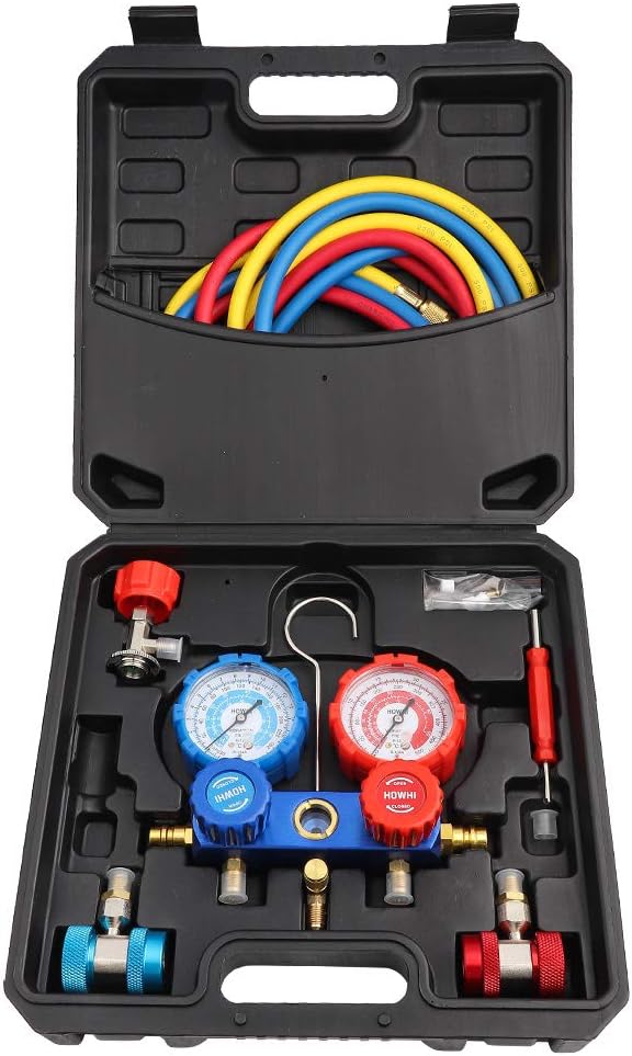 R134a Manifold Gauge Set for Automotive AC Systems Color Coded High & Low Pressure Hoses with Sealing Washers